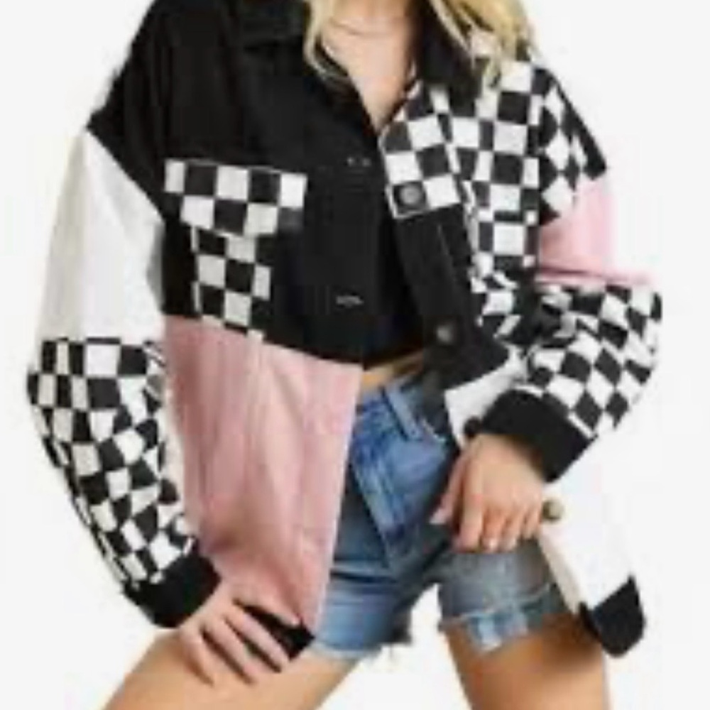 Stylish Checkered Women's Jacket - Black, White, Pink